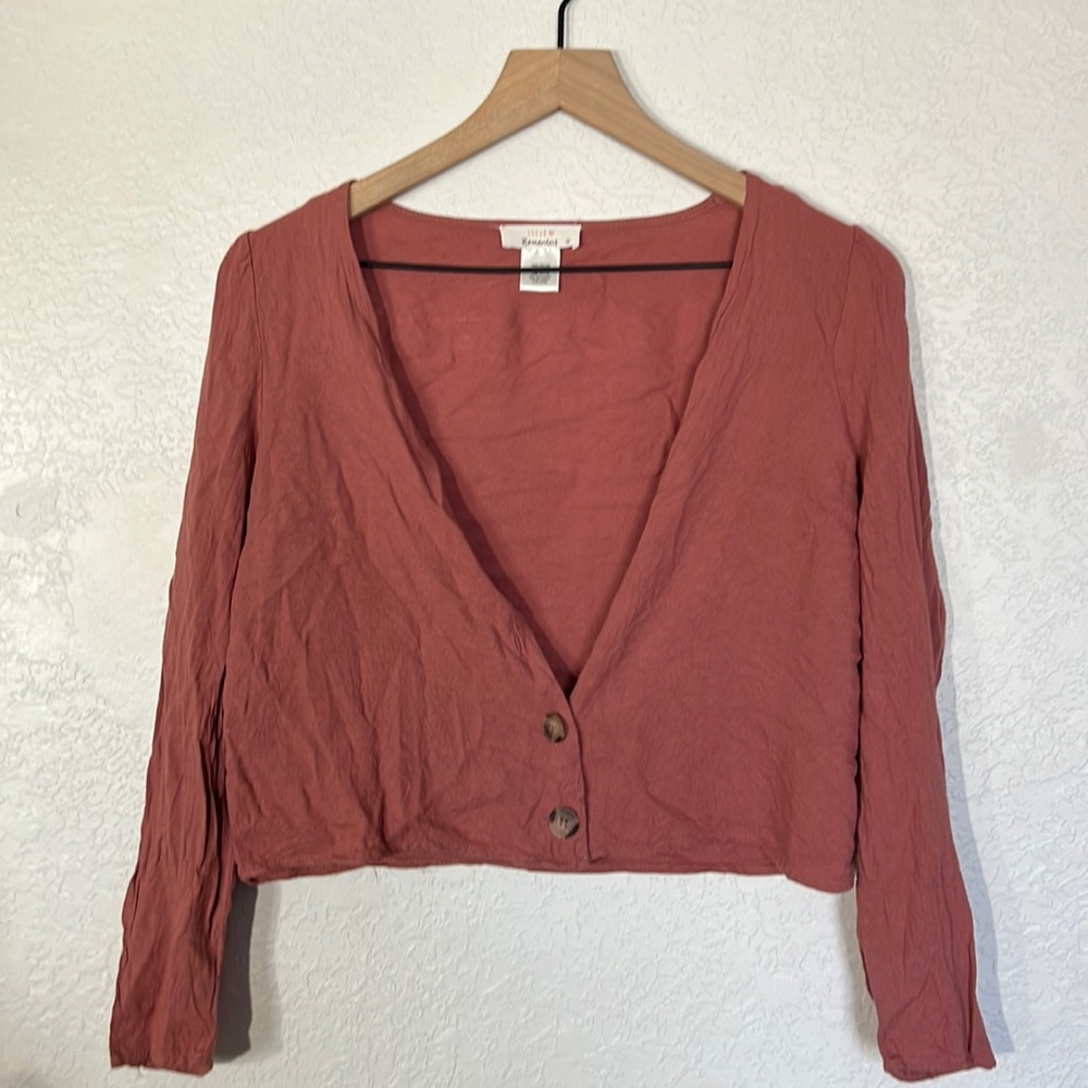 Blush blouse with tortoise shell buttons